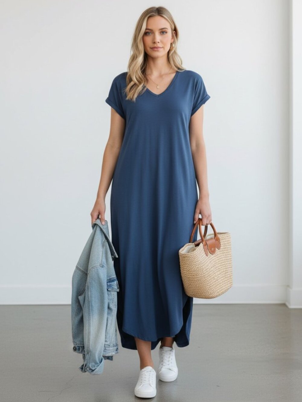 Entro Royal Blue Maxi Dress V Neck Jersey Knit Pockets NWT Small